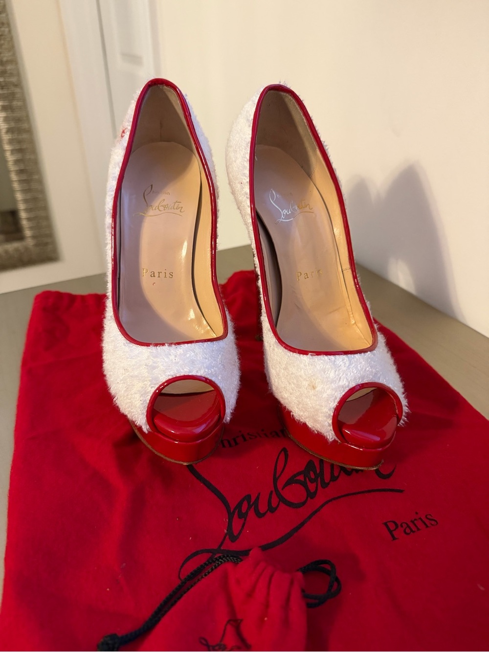 Christian Louboutin White Peep-Toe Platform Pumps with Red Trim
